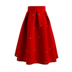 High Waist Pleated Volume Midi Skirt with Pearl Detail  Size XS